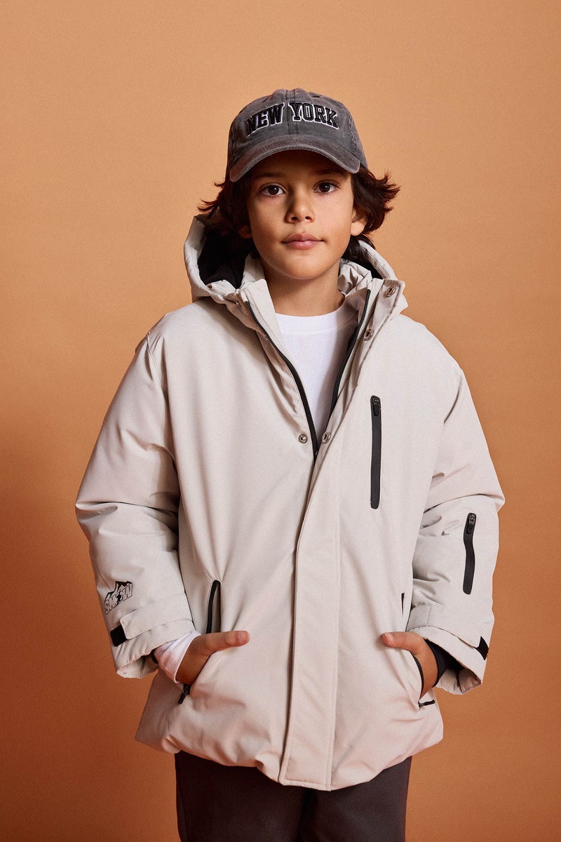 DeFacto Grey Boy Boy Hooded Water Repellent Fleece Lined Puffer Jacket Casual - Image 1